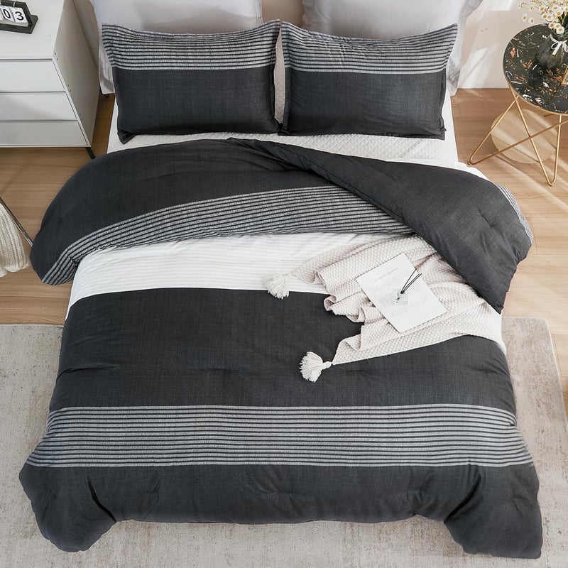 Litanika Black White Grey Comforter Set Twin XL - 2 Pieces Lightweight Pumpkin White Colorblock Stripe Fluffy Bedding Comforter Sets, All Season Bed Set - Image 3
